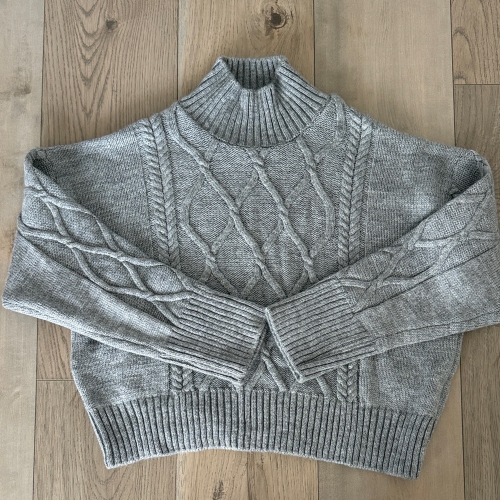 Gray Cable Knit Turtleneck Sweater